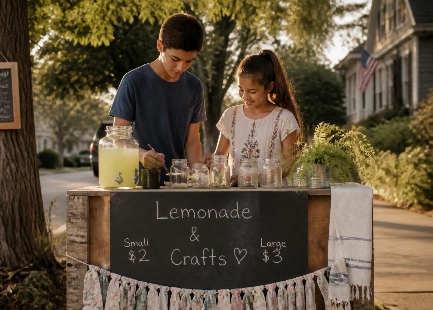 Two school-aged siblings running a lemonade and crafts stand in their neighborhood